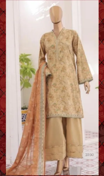 Pakistani Original Bin Saeed Lawn Stitched 3 Pcs with Farshi Salwar _ Yellow Beige 